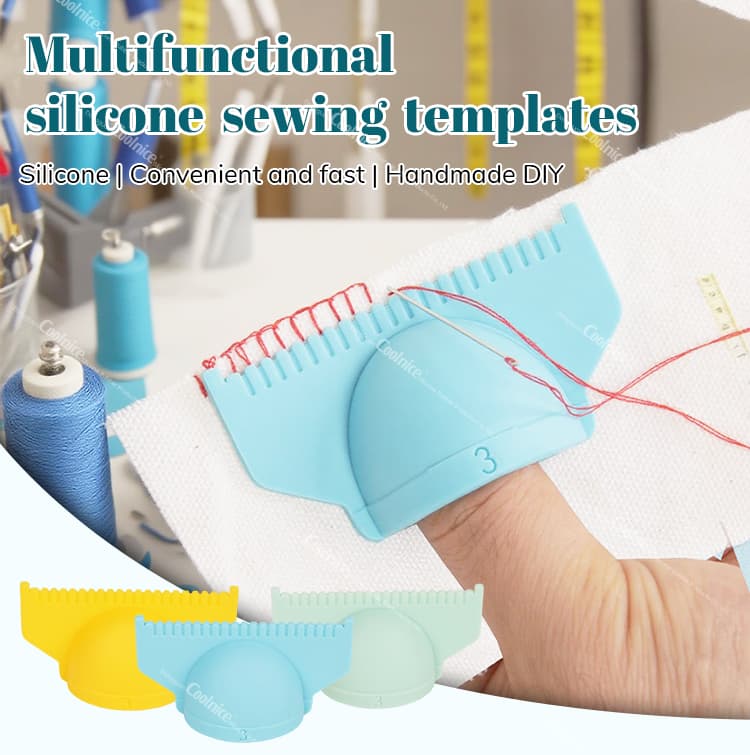 Multifunctional silicone sewing templates in yellow, blue, and green, used for creating evenly spaced stitches with red thread on fabric.