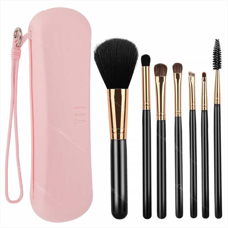 Silicone makeup brush case set with 7 brushes and pink storage bag