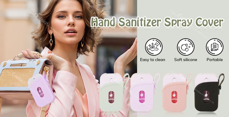 Hand sanitizer spray protector cases in multiple colors, easy to clean, portable, and made from soft silicone material.
