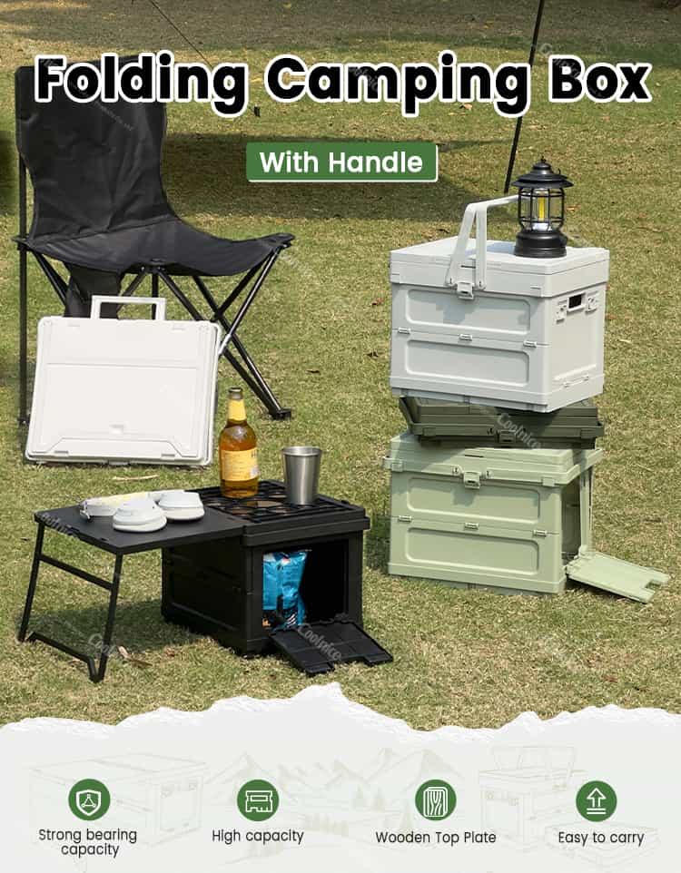 Outdoor camping storage box in green with closed lid on grass