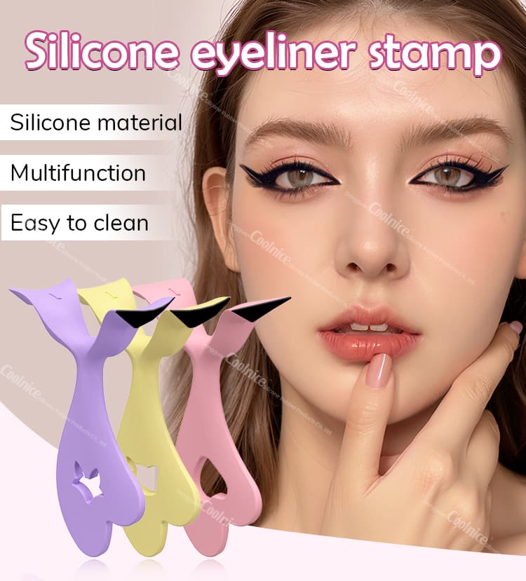 Model wearing dramatic eyeliner using silicone eyeliner stamps.
