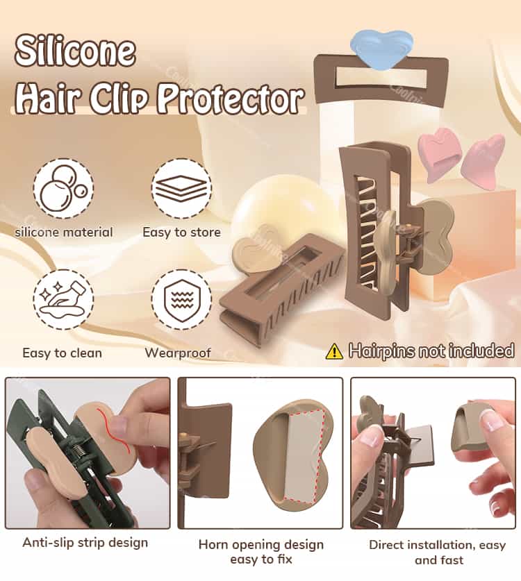 Compatibility guide for silicone heart clip cover; fits rectangular claw‑clip handles around 40–50 mm; not suitable for irregular shapes.