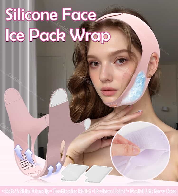 Woman wearing pink silicone chin wrap with gel pads inside.
