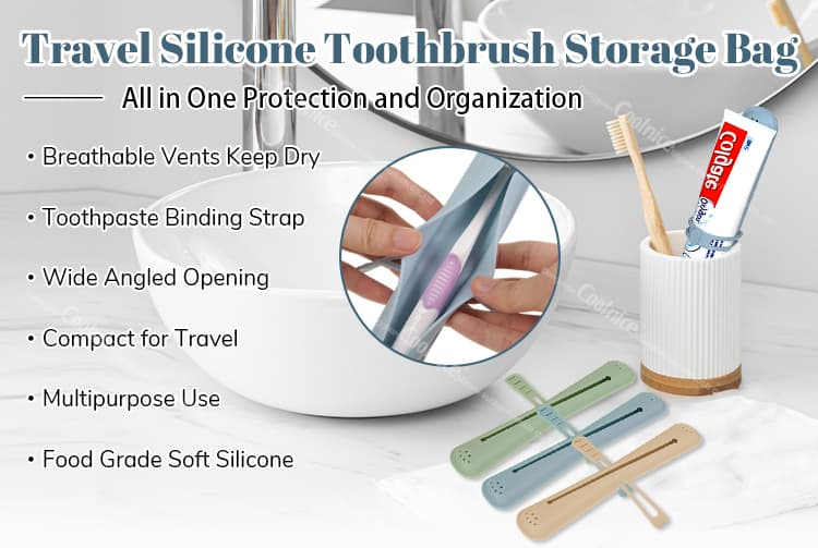 Travel Silicone Toothbrush Storage Bag with breathable vents, toothpaste binding strap, and multi-purpose use, shown in multiple colors.