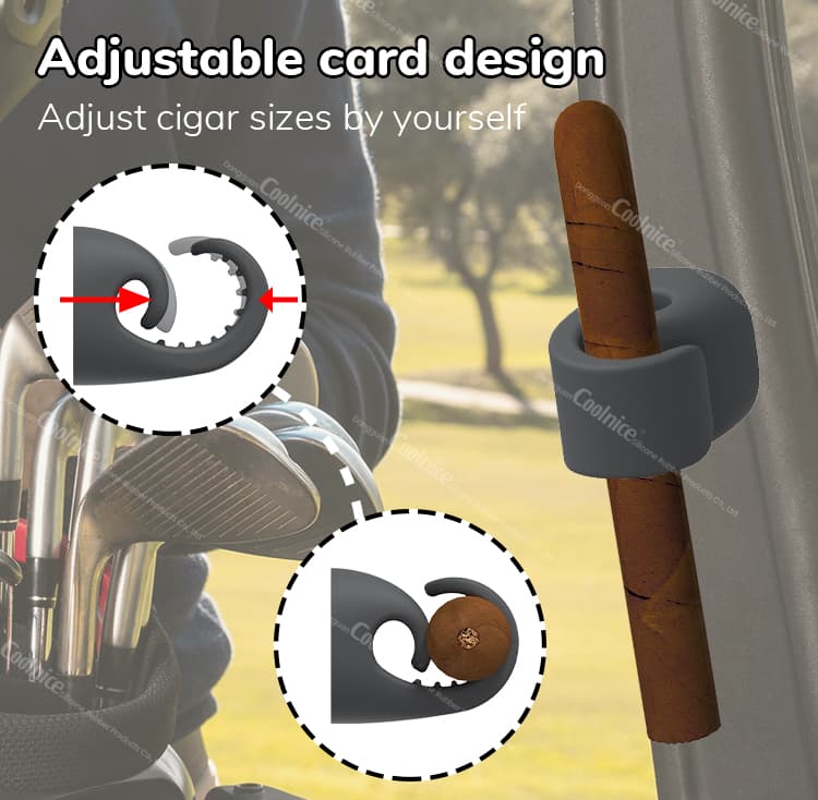 Magnetic silicone cigar holder with adjustable design, shown attached to a golf bag with a cigar, demonstrating how it adjusts to fit different cigar sizes.