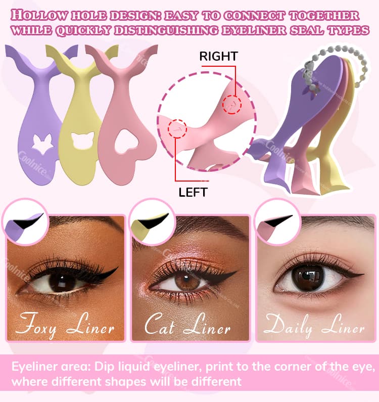 Silicone eyeliner stamps with hollow hole design, left and right marking, and three eyeliner styles: Foxy, Cat, and Daily.