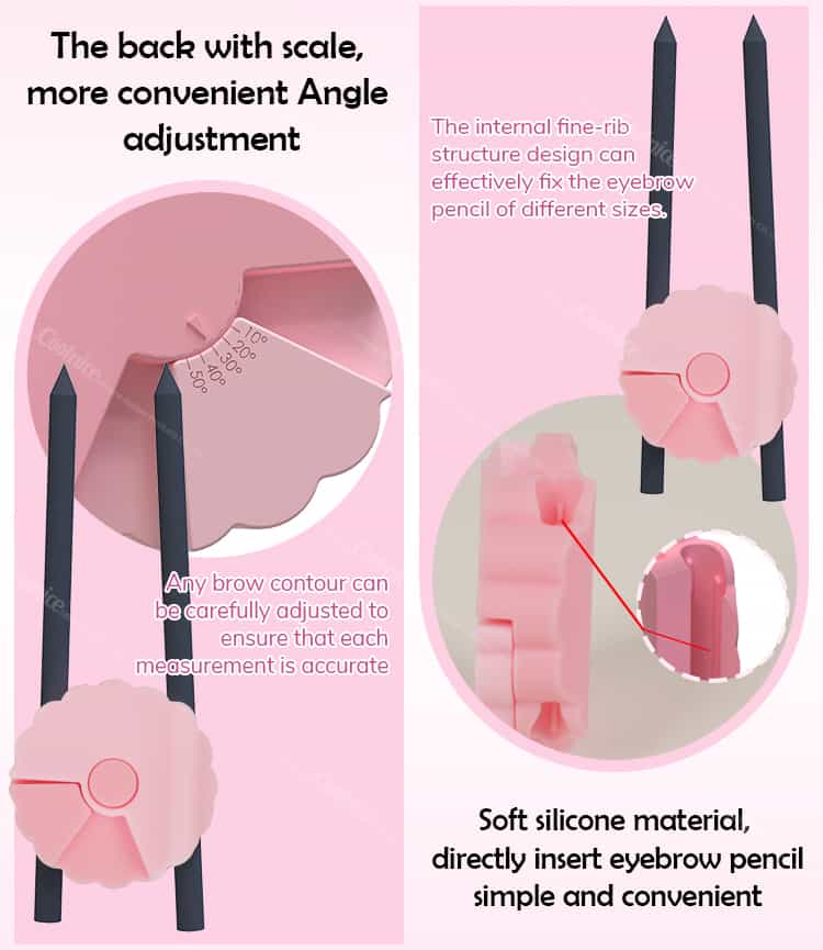 Adjustable silicone brow tool with back angle scale and pencil holder detail.