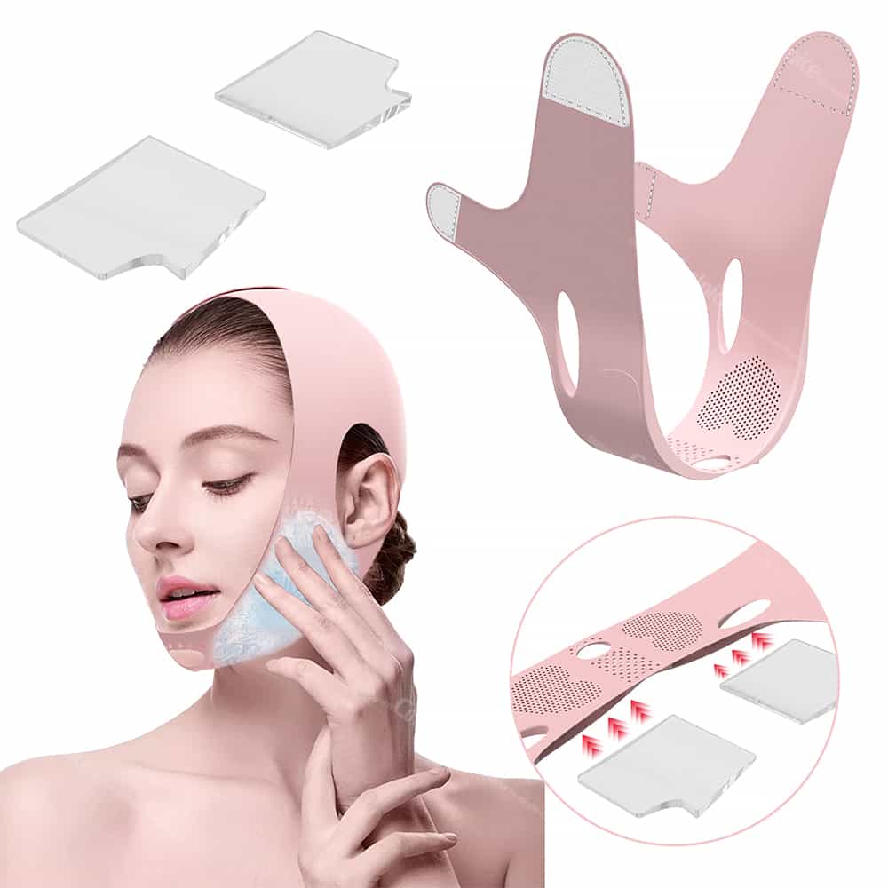 Pink silicone chin lifting strap with removable cooling gel pads placed on both cheeks.