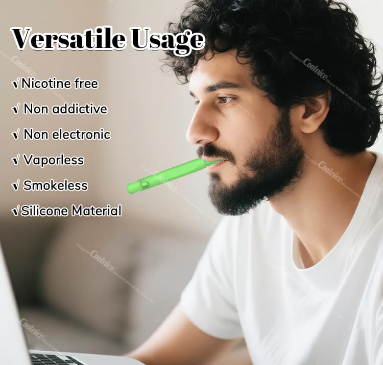 Man using a green silicone essential oil chewing stick, highlighting the versatile usage with benefits such as nicotine-free, non-addictive, and vaporless.