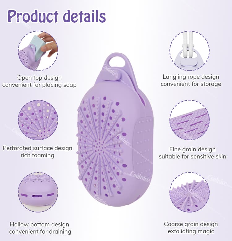 Purple silicone soap holder with perforated design for foaming, hollow bottom for draining, and fine/coarse grain surface for sensitive/exfoliating skin. Features top-opening and a hanging rope for easy storage.