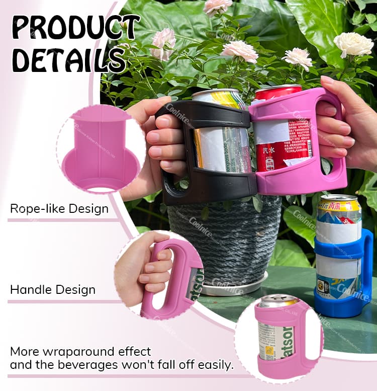 Silicone can holder with ergonomic handle and rope-like design, preventing cans from slipping.