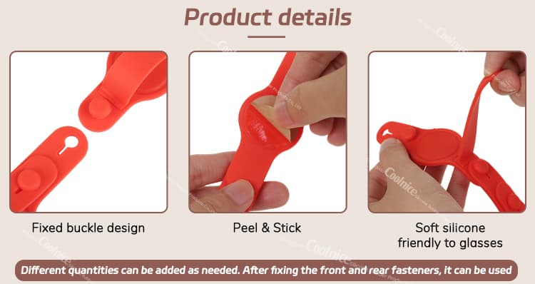 Fixed buckle design and soft silicone peel & stick eyeglasses organizer, easy to use and glasses-friendly.