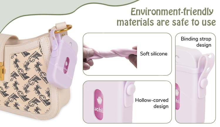 Hand sanitizer spray protector case in purple with environmentally friendly soft silicone, binding strap design, and hollow-carved design.