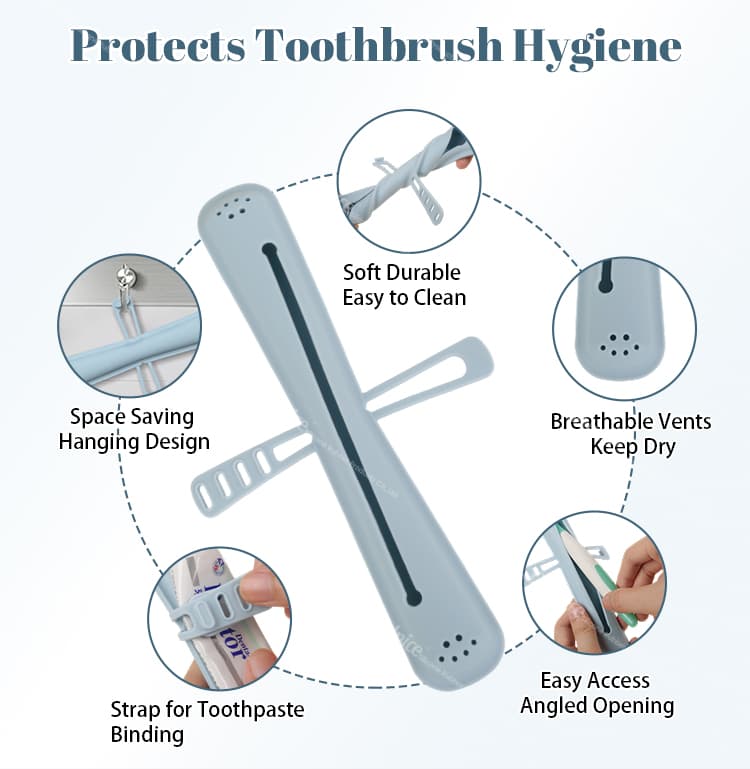 Blue silicone toothbrush holder with space-saving hanging design, breathable vents, toothpaste binding strap, and angled opening for easy access.