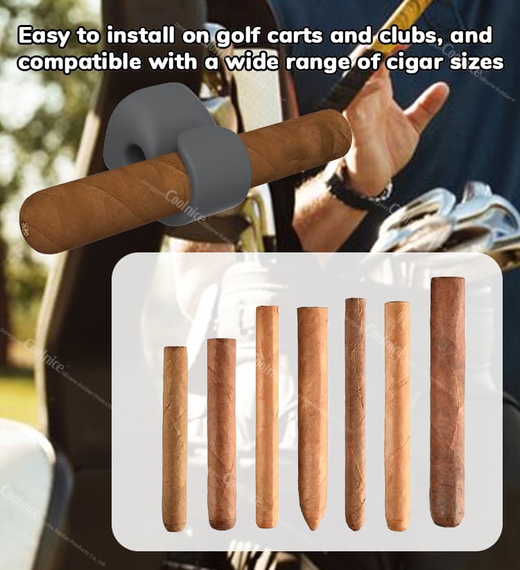 Magnetic silicone cigar holder, shown on a golf cart holding a cigar, with an inset showing various cigar shapes and sizes that the holder is compatible with.