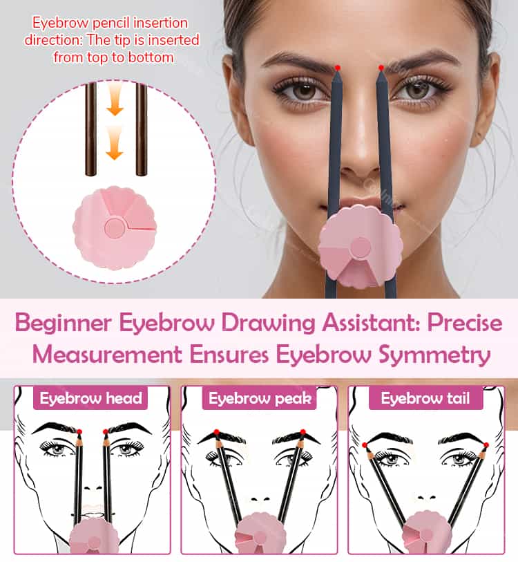 Beginner eyebrow drawing guide using silicone brow mapping tool for head, peak, and tail.
