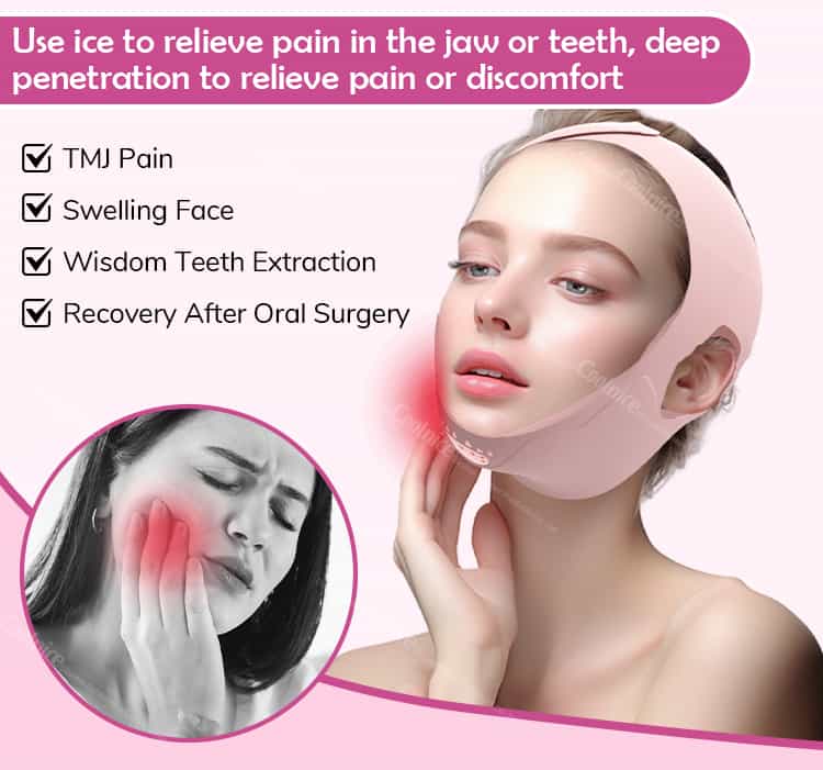 Pink chin strap with cooling gel pads and airflow arrows for lifting effect.