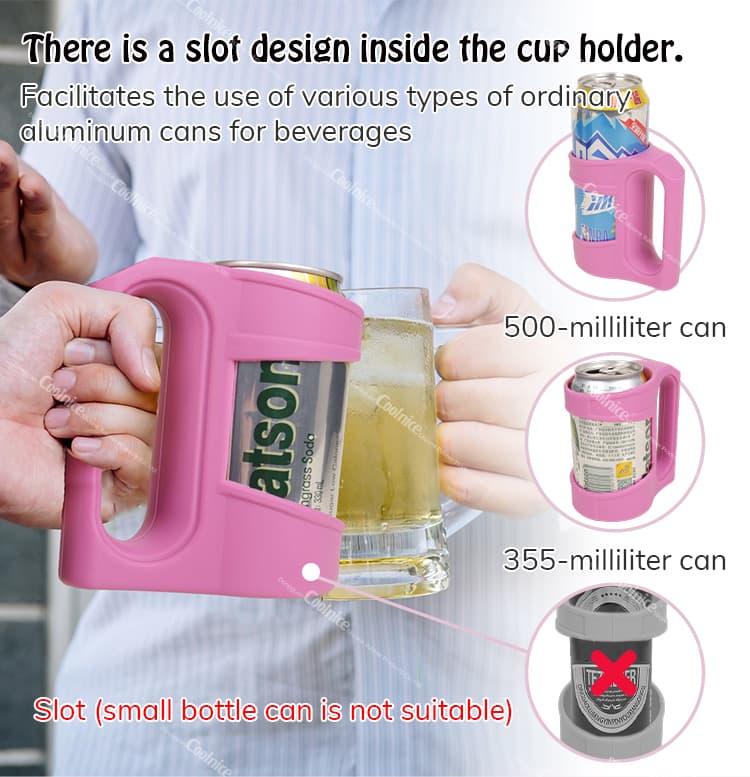 Silicone can holder with a unique slot design for easy handling of 500ml and 355ml cans.