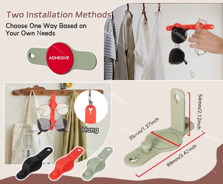 Two installation methods for eyeglasses organizer – adhesive or hang option, with size details and color variations.