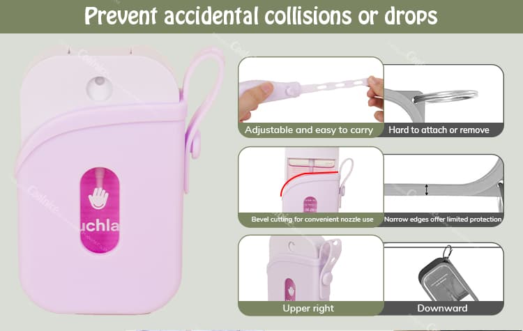 Hand sanitizer spray protector case with adjustable strap, bevel cut for nozzle use, and narrow edges for limited protection.