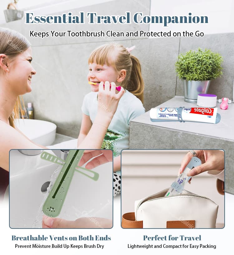 Green silicone toothbrush holder with breathable vents, shown in a bathroom setting for travel use, keeping the toothbrush clean and protected.