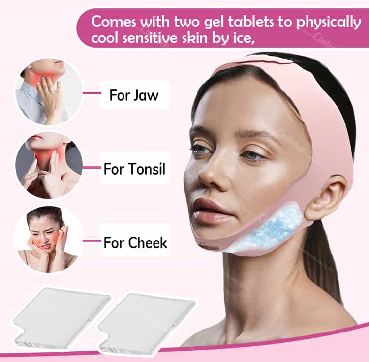 Pink silicone chin ice wrap with gel pads and model.
