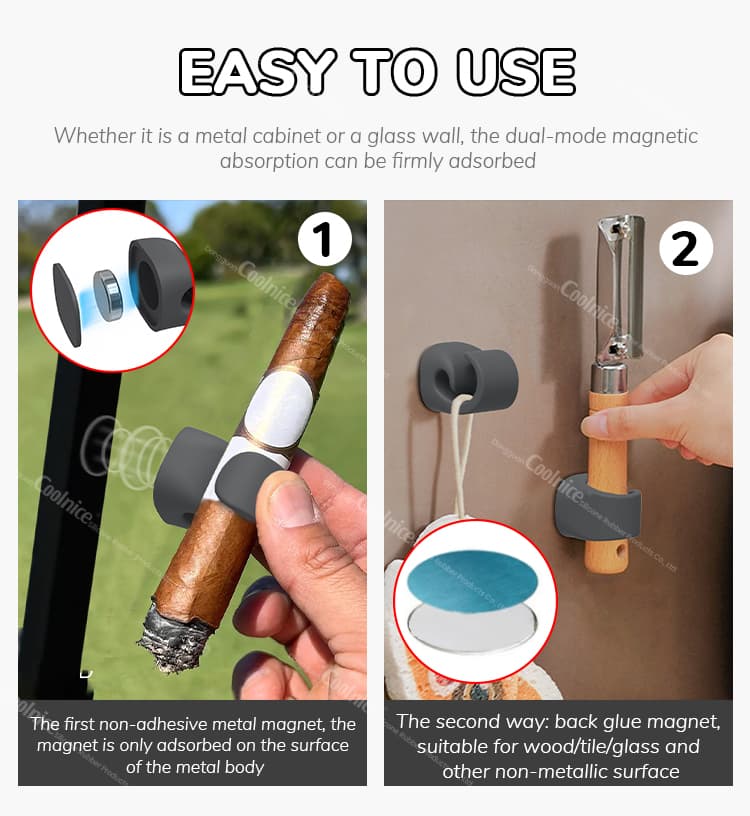 Magnetic silicone cigar holder with dual-mode magnetic absorption, shown on a metal surface (left) and a non-metallic surface (right), with close-up of its components.
