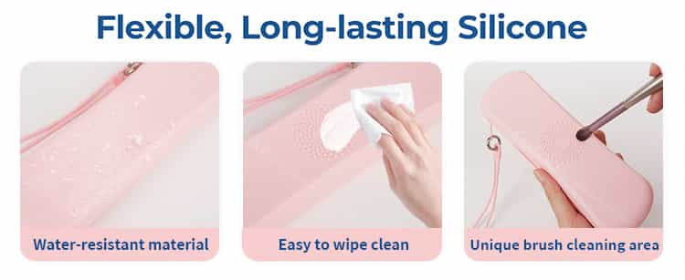 Water-resistant silicone makeup brush holder with cleaning area