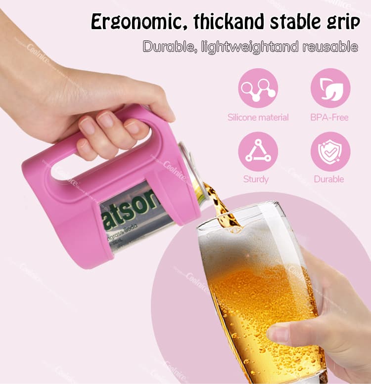 Ergonomic and stable silicone can holder with thick grip, ideal for easy pouring and use with beverages.