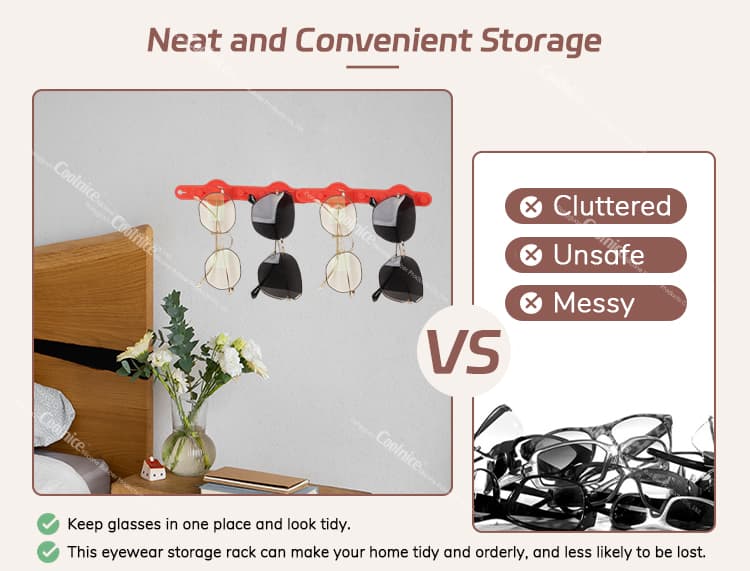 Eyeglasses wall rack for neat and convenient storage, organizing sunglasses and eyeglasses to prevent clutter.