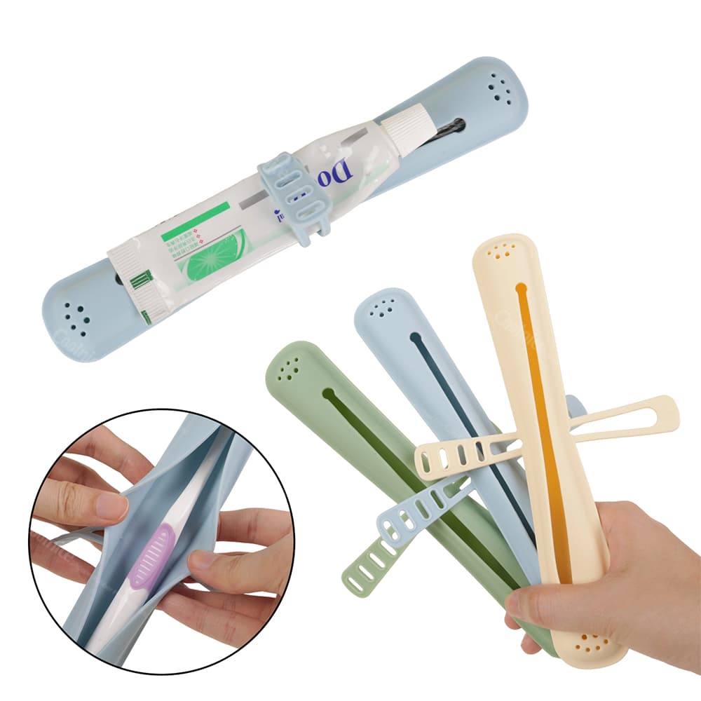 Colorful silicone toothbrush holders in green, blue, and beige, featuring an elastic tape to securely hold toothpaste tubes in place.