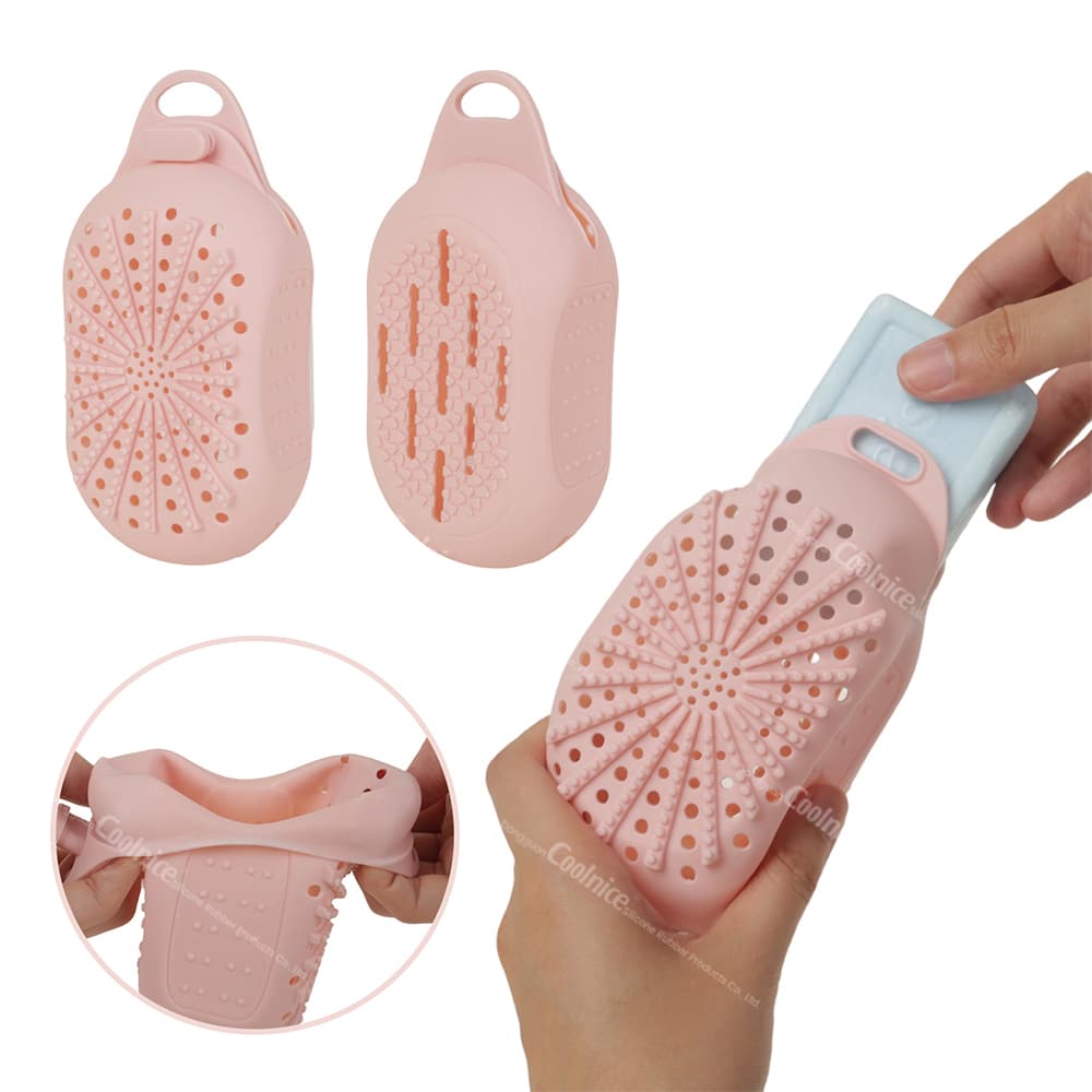 Silicone soap holder with a textured design. Shows the product in use with a soap being inserted into the holder, highlighting its flexibility and grip
