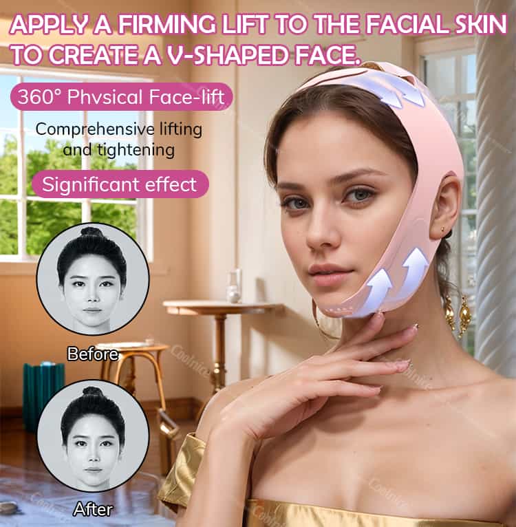 Woman applying pink chin strap for cooling therapy and pain relief.