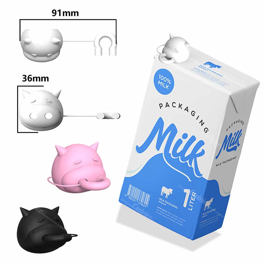 Milk carton with cow-shaped spout and packaging details