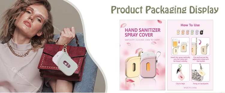 Product packaging display for hand sanitizer spray cover, showing how to use and attach the case to a bag or keys.