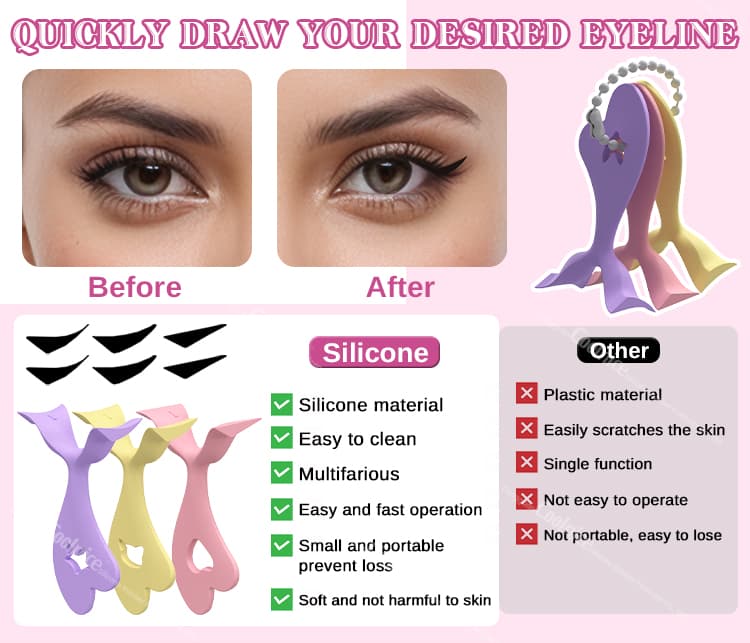 Before and after comparison using silicone eyeliner stamp, with silicone vs plastic benefits chart.