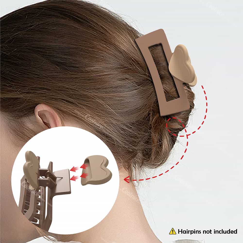 Brown heart silicone hair claw clip securing updo hairstyle