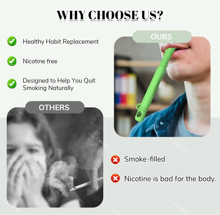 Comparison showing the benefits of the green silicone essential oil chewing stick versus smoking, highlighting the healthy habit replacement, nicotine-free, and designed to help quit smoking naturally.