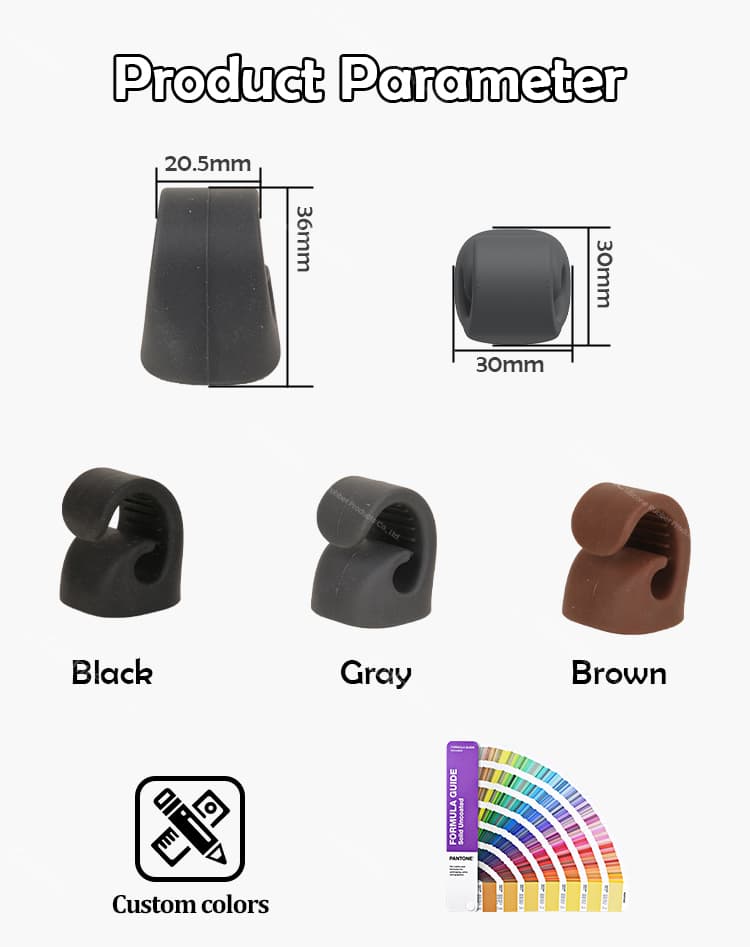 Product parameters of the magnetic silicone cigar holder, shown in black, gray, and brown colors, with dimensions and option for custom colors.