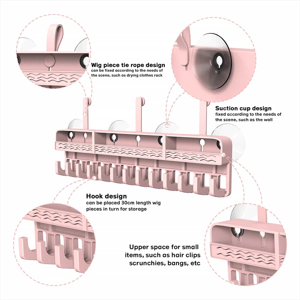 Pink wig storage rack design with suction cups, hooks, and compartments