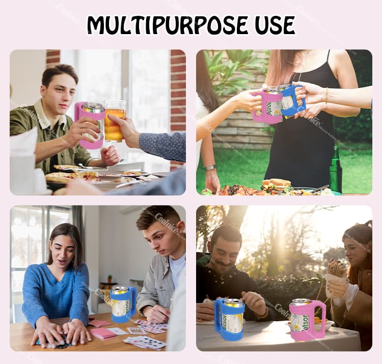 Silicone can holder with handle designed for easy pouring and secure grip