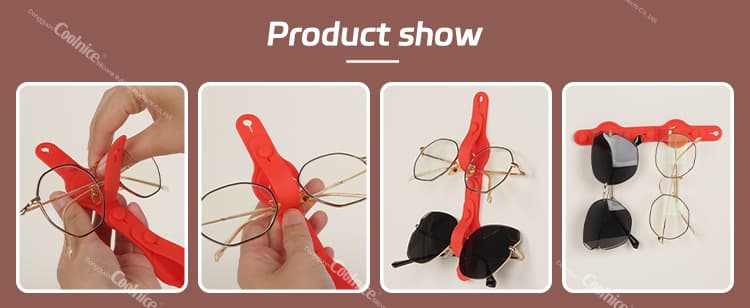 Step-by-step product demonstration of the silicone eyeglasses organizer, showing how it holds multiple pairs of glasses.