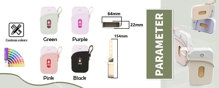 Hand sanitizer spray protector cases in custom colors (green, purple, pink, and black), showing dimensions and custom color options.