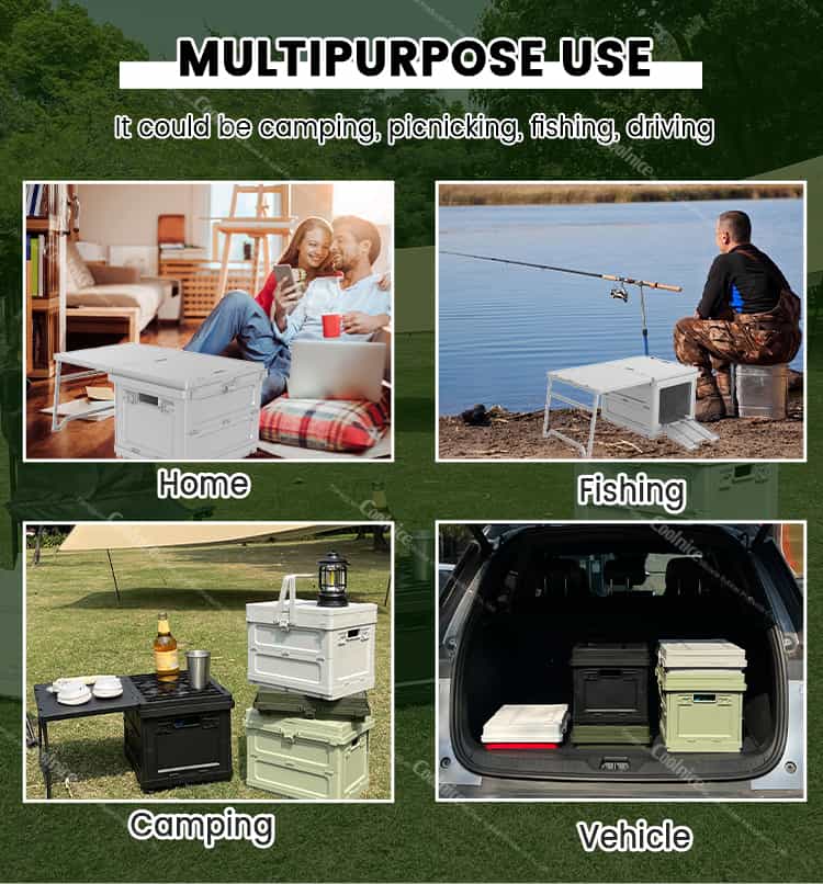 Camping storage box in use as outdoor seat