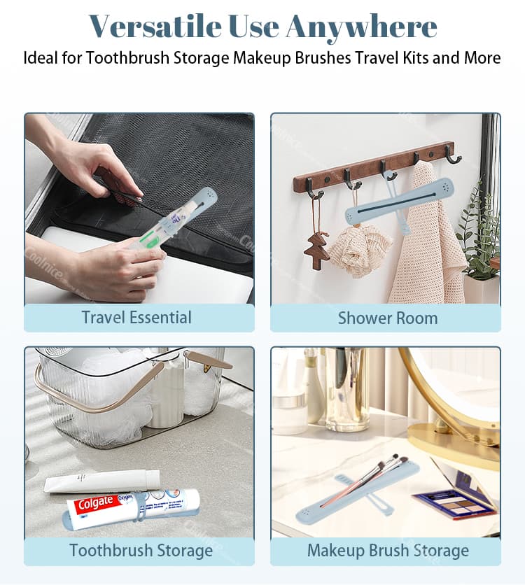 silicone storage holder for toothbrushes and makeup brushes, shown in various usage scenarios like travel, bathroom, and storage.