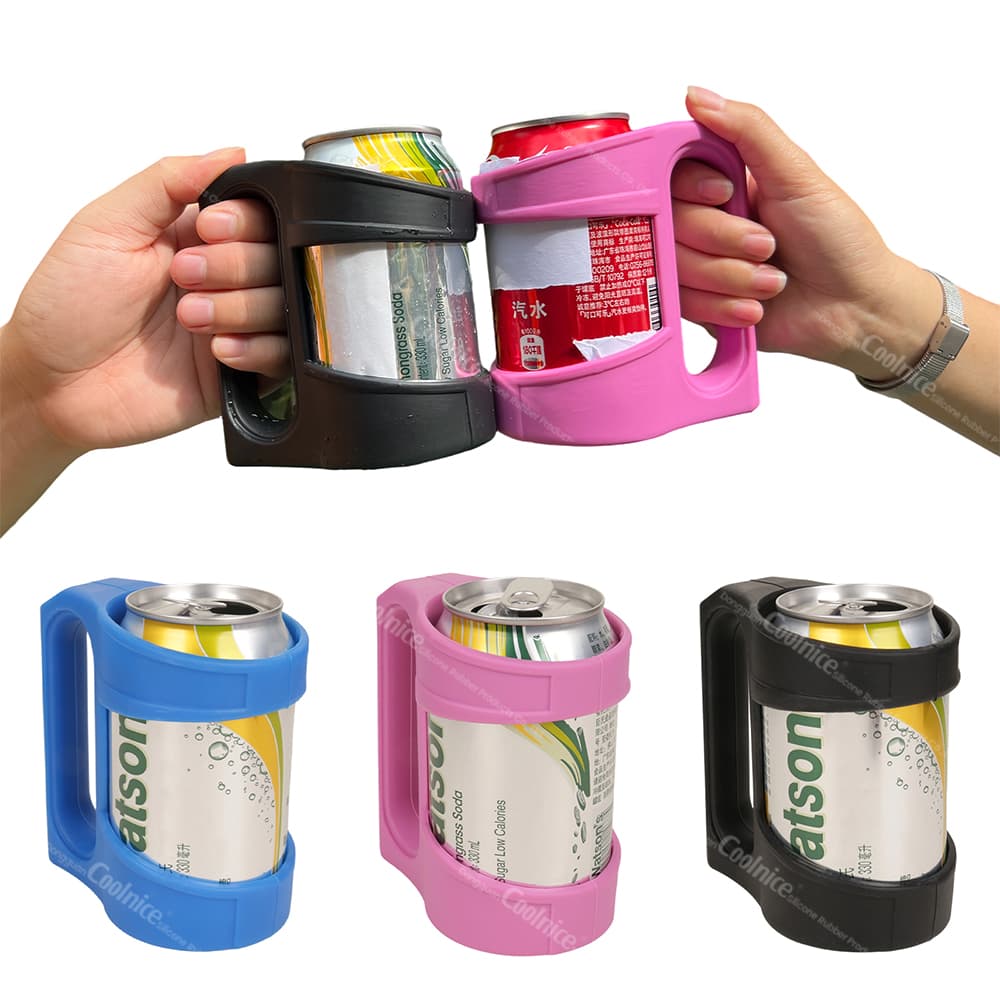 Silicone Can Holder with Handle for Easy Grip - Black, Pink, Blue