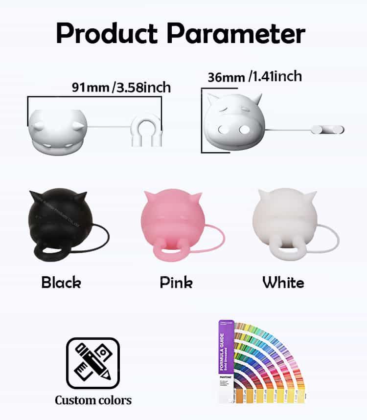 Product parameters for Silicone Milk Bottle Cap in black, pink, and white with size details