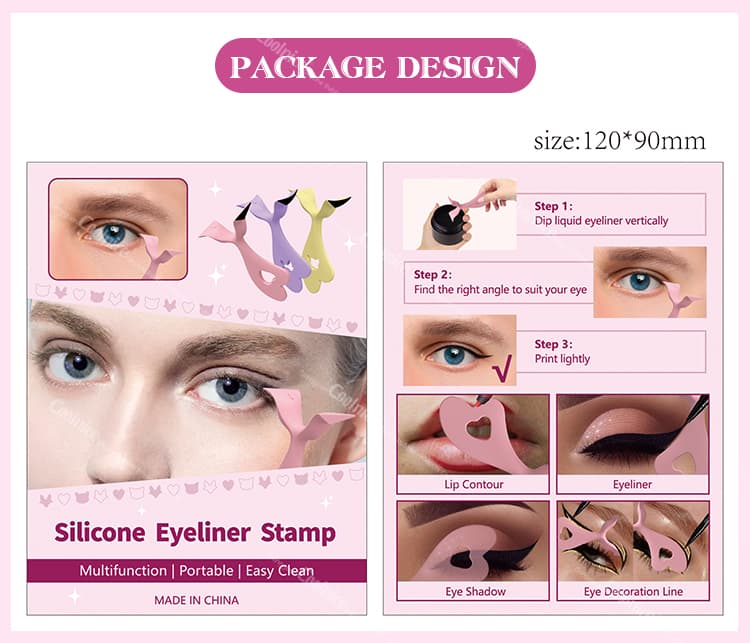 Packaging design of silicone eyeliner stamp with instructions and multifunction uses.