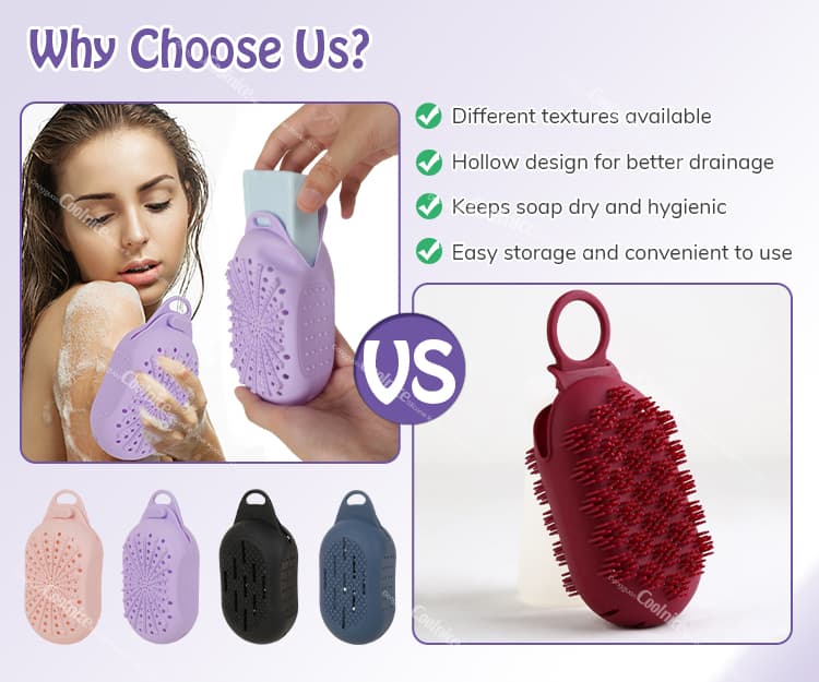 The image compares two different soap cases. On the left, a silicone soap holder with perforated surface and hollow design ensures soap stays dry and hygienic. On the right, an alternative design features bristles for exfoliation. Both options are practical for easy storage and use.