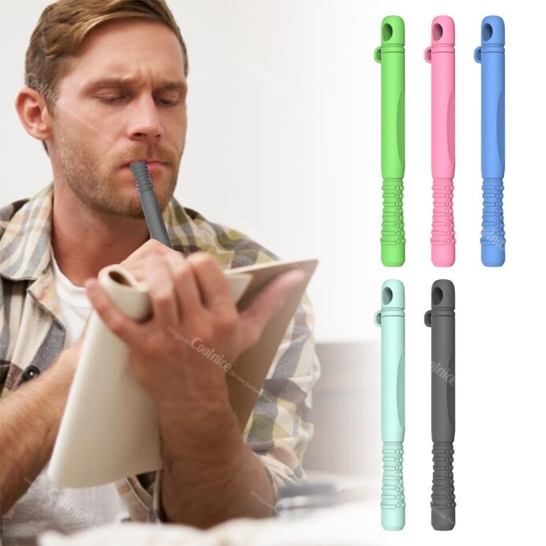 Silicone essential oil chewing sticks in various colors (green, pink, blue, black), shown in use by a person, ideal for stress relief and relaxation.